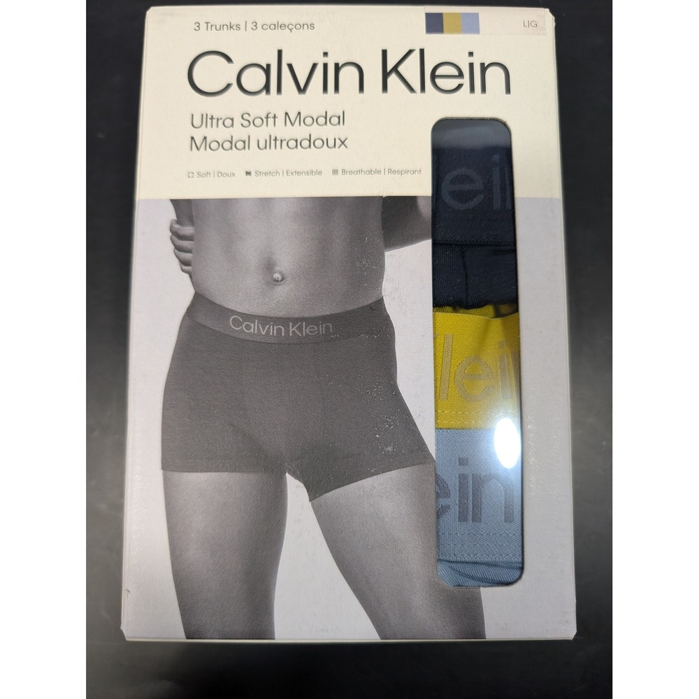 Calvin Klein Mens 3 Pack Ultra Soft Modal Trunks Navy Yellow Blue NB4192903 Lg